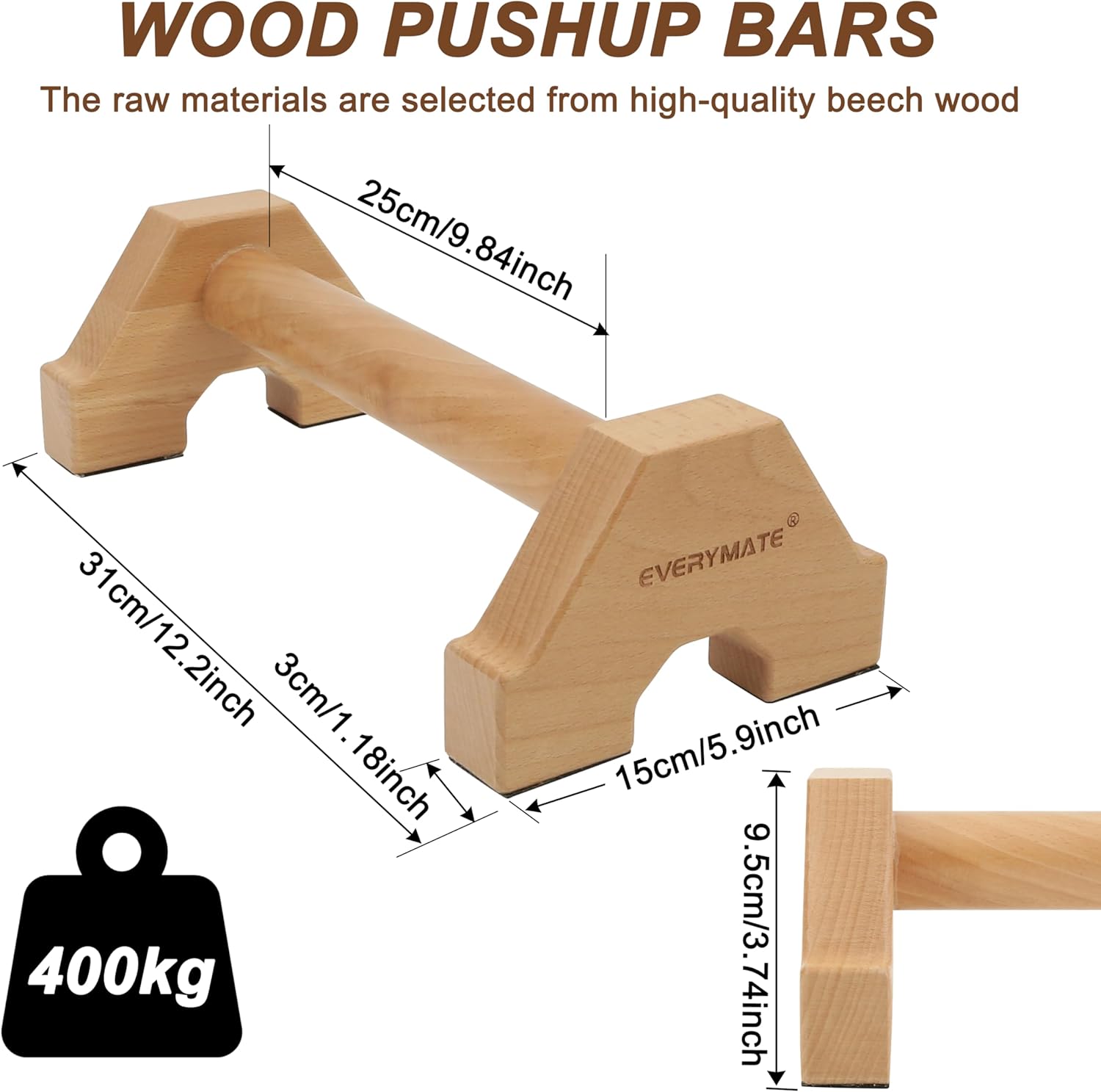 Wooden Parallettes Bars - Non-Slip Push-Up Stand for Handstand Training & Calisthenics (Home/Commercial Gym)