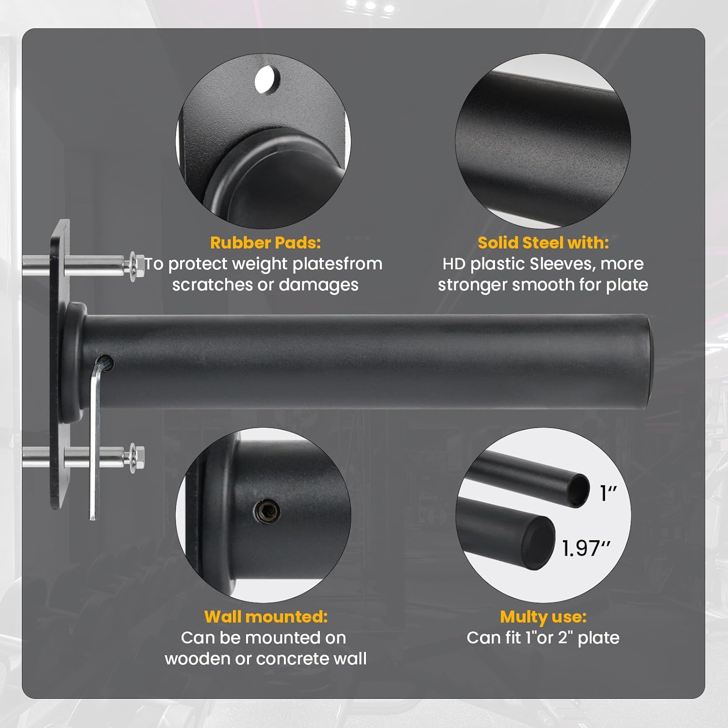 Wall Mount Weight Plate Rack - 4-Pack Storage for 1" or 2" Olympic Plates