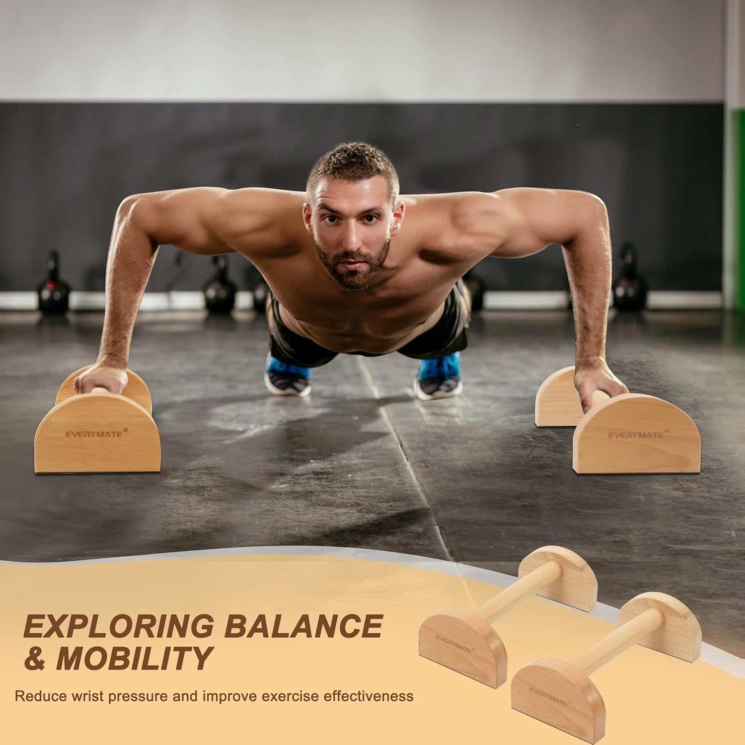 Wooden Parallettes Bars - Non-Slip Push-Up Stand for Handstand Training & Calisthenics (Ergonomic Grip, Home/Commercial Gym)