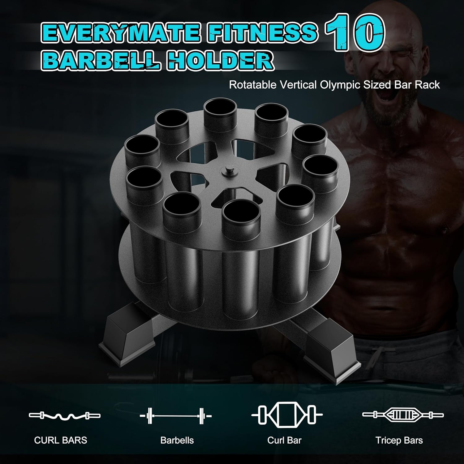 Rotating Barbell Floor Rack - Holds 10 Olympic Bars (2" Curl/Triceps Bars Compatible)