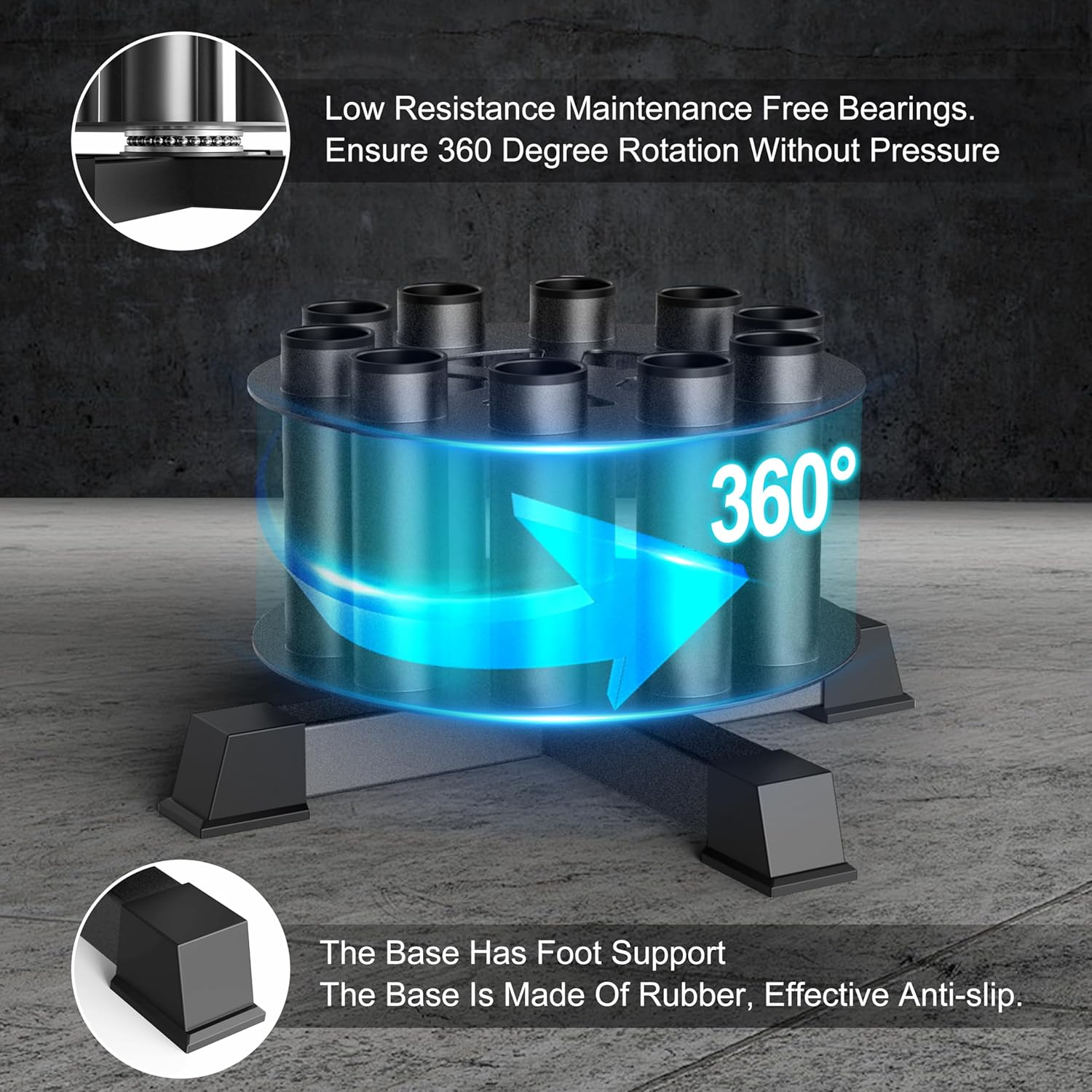 Rotating Barbell Floor Rack - Holds 10 Olympic Bars (2" Curl/Triceps Bars Compatible)