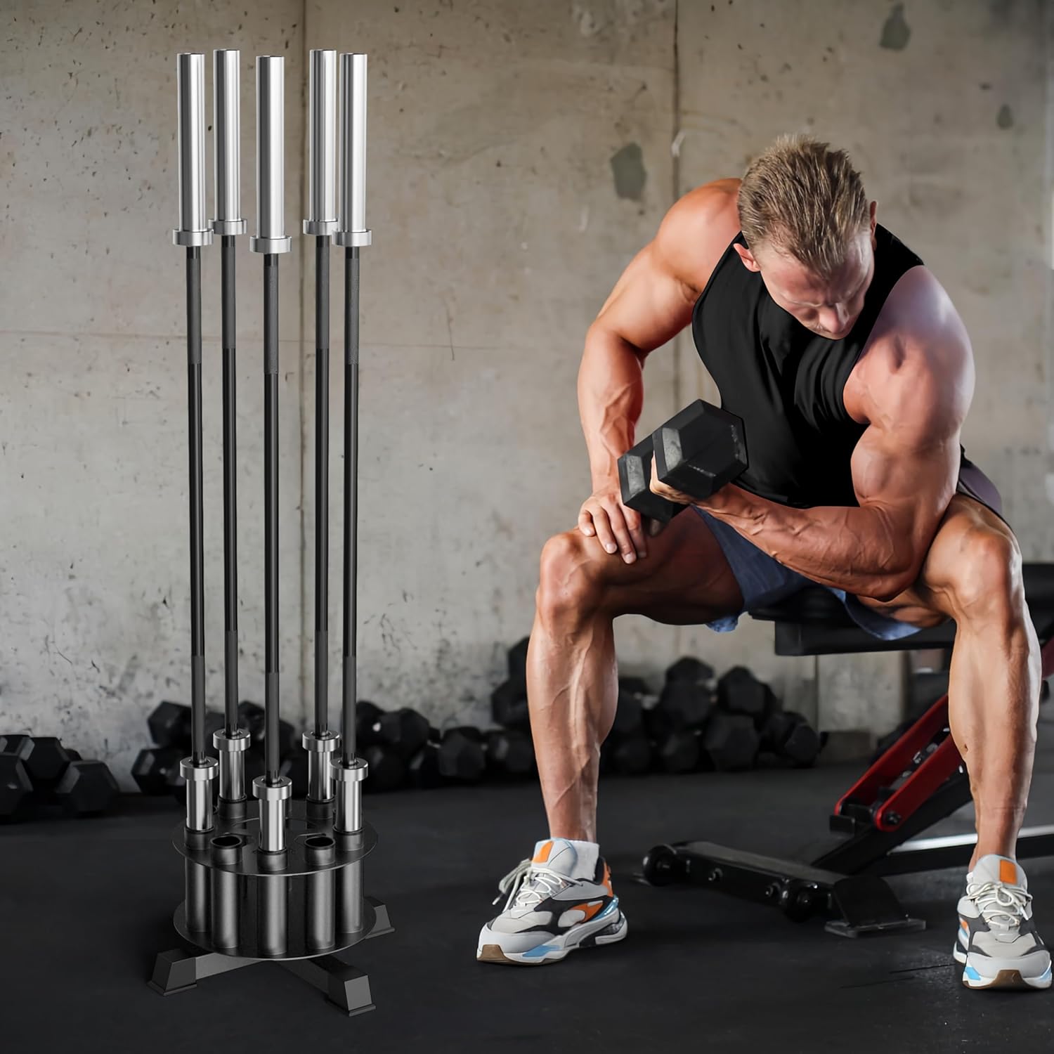 Rotating Barbell Floor Rack - Holds 10 Olympic Bars (2" Curl/Triceps Bars Compatible)