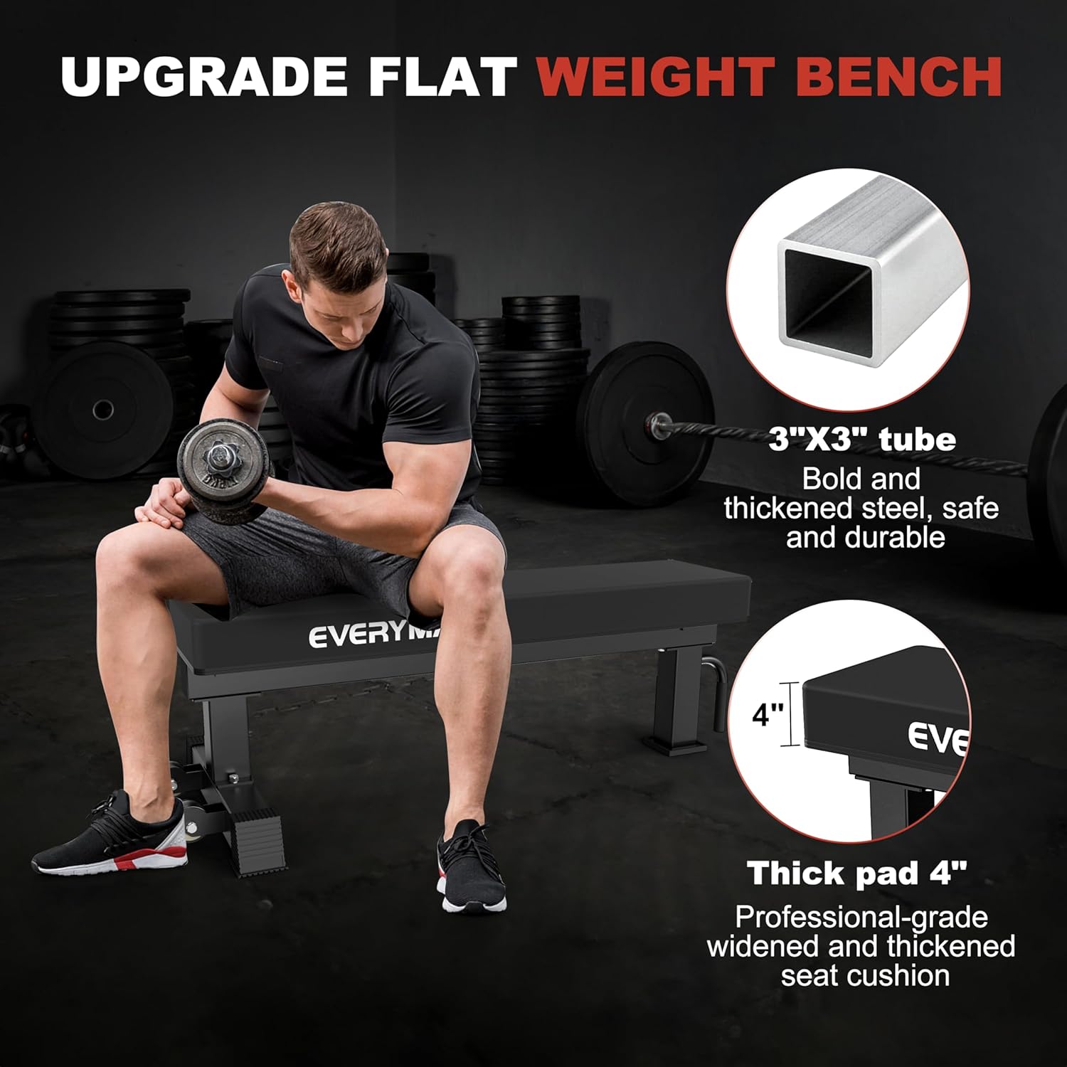 1200LB Flat Weight Bench - 3"x3" Steel Frame with 4" HeftyGrip Pad