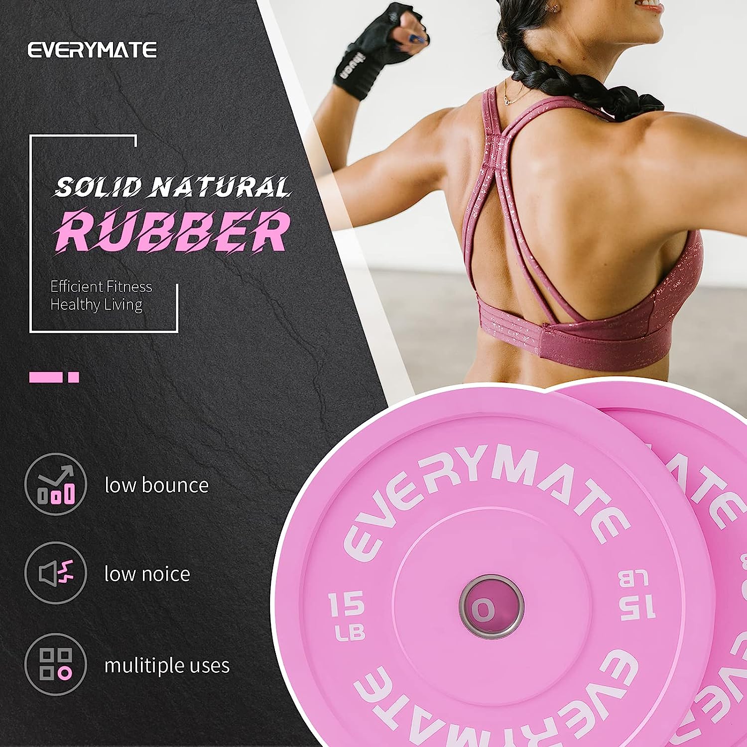 EVERYMATE Pink Weight Plates 15LB Olympic Bumper Plates Grip Weight Plates for Strength Training & Crossfit Steel Inserts Weight Plates Fit 2" Barbells Virgin Rubber Weights