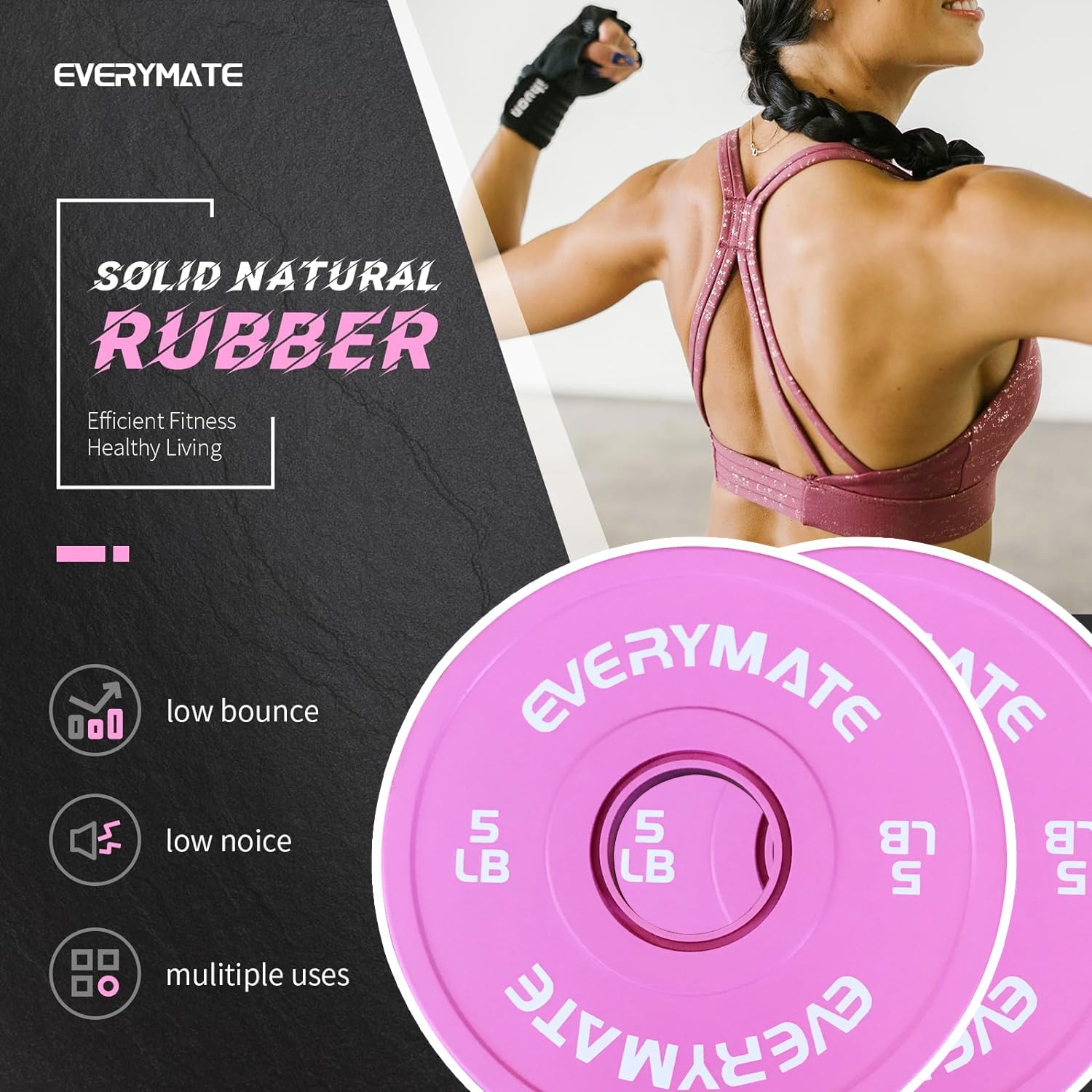 Pink Weight Plates 5LB Olympic Bumper Plates Grip Weight Plates for Strength Training & Crossfit Steel Inserts Weight Plates Fit 2" Barbells Virgin Rubber Weights