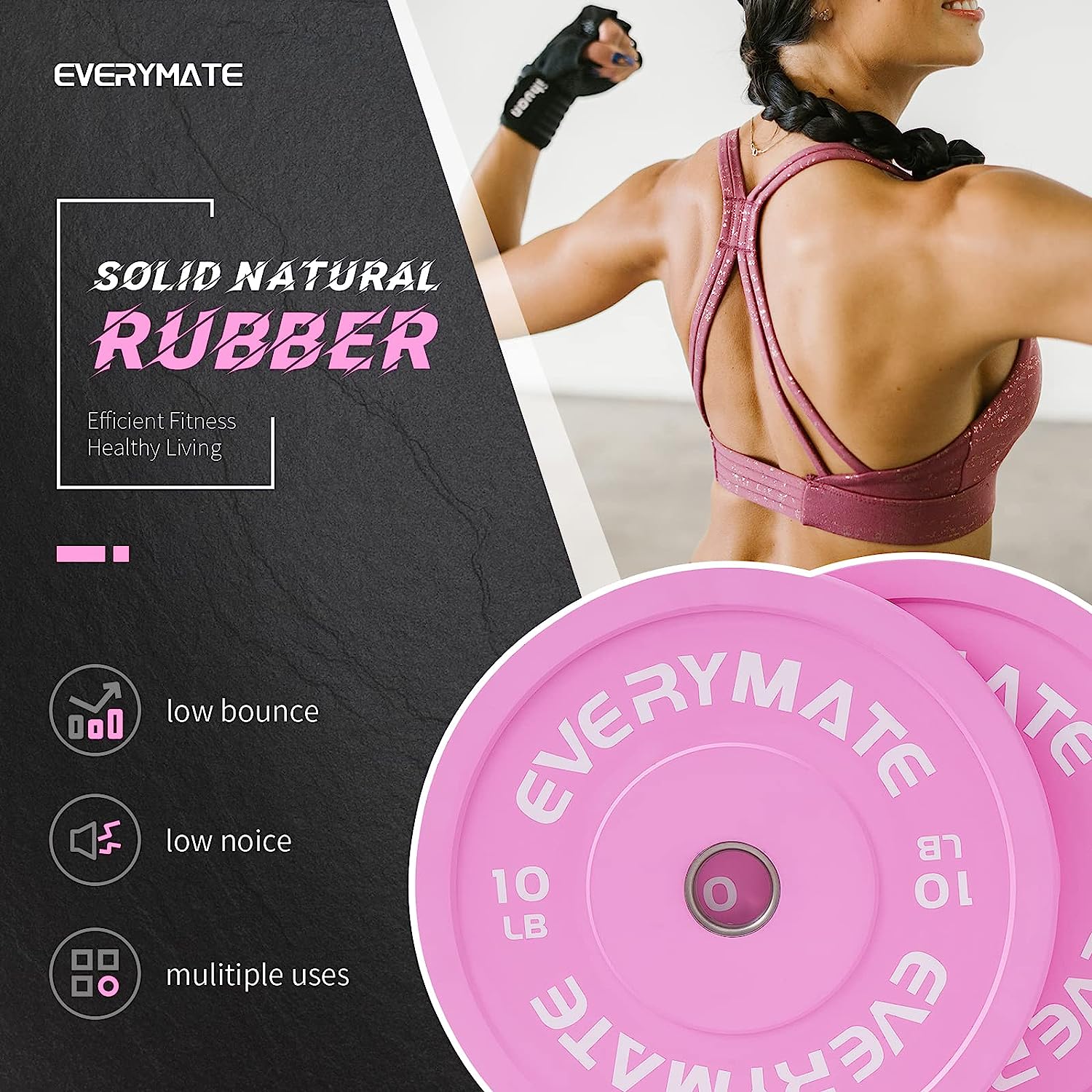 EVERYMATE Pink Weight Plates 10LB Olympic Bumper Plates Grip Weight Plates for Strength Training & Crossfit Steel Inserts Weight Plates Fit 2" Barbells Virgin Rubber Weights