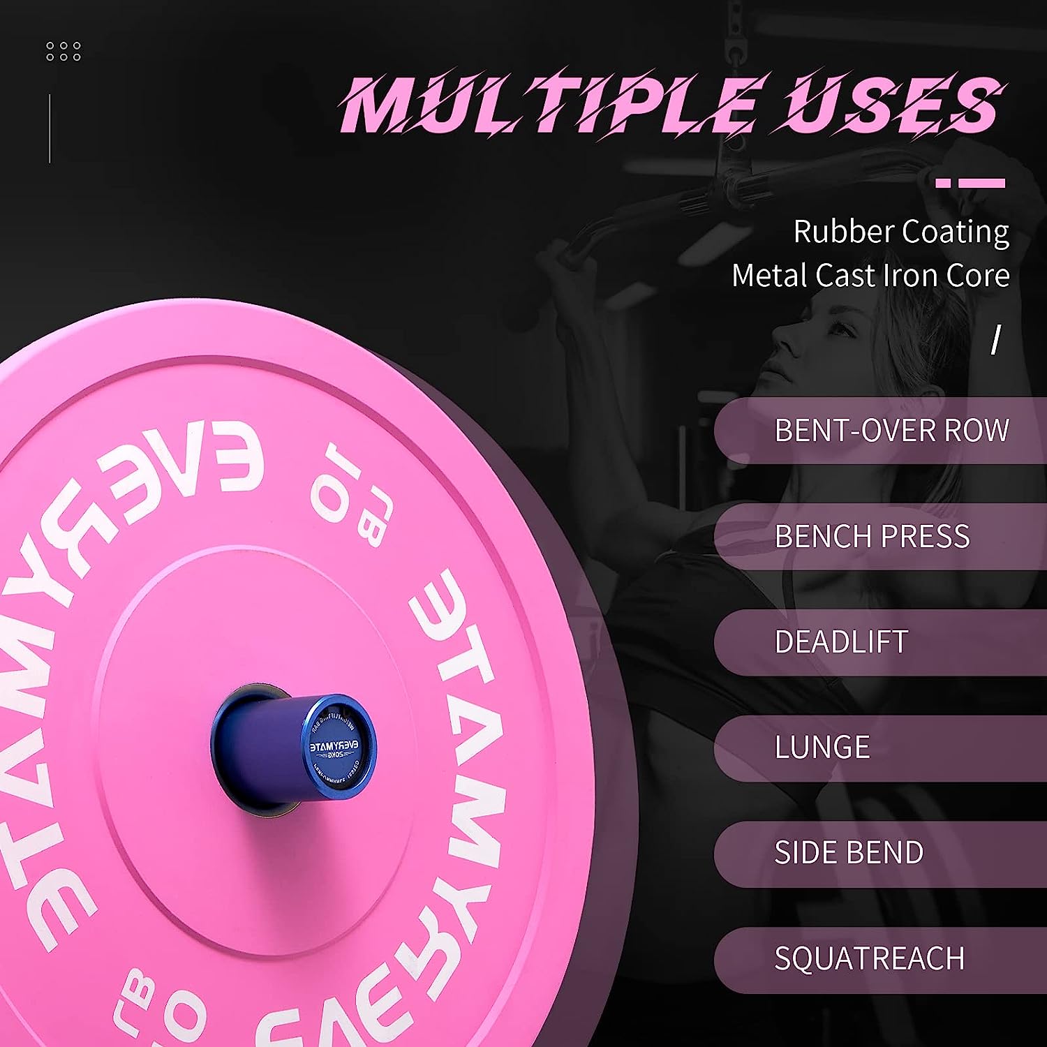 EVERYMATE Pink Weight Plates 10LB Olympic Bumper Plates Grip Weight Plates for Strength Training & Crossfit Steel Inserts Weight Plates Fit 2" Barbells Virgin Rubber Weights