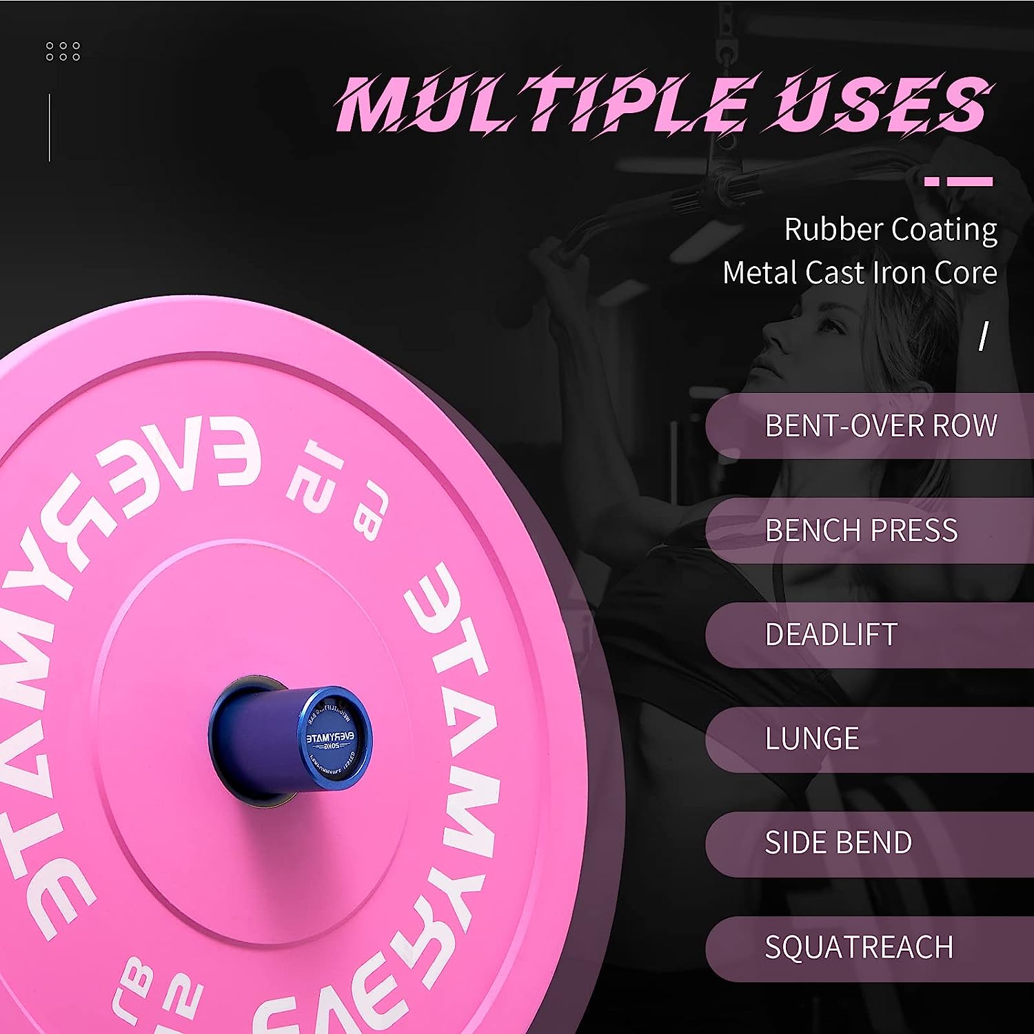 EVERYMATE Pink Weight Plates 15LB Olympic Bumper Plates Grip Weight Plates for Strength Training & Crossfit Steel Inserts Weight Plates Fit 2" Barbells Virgin Rubber Weights