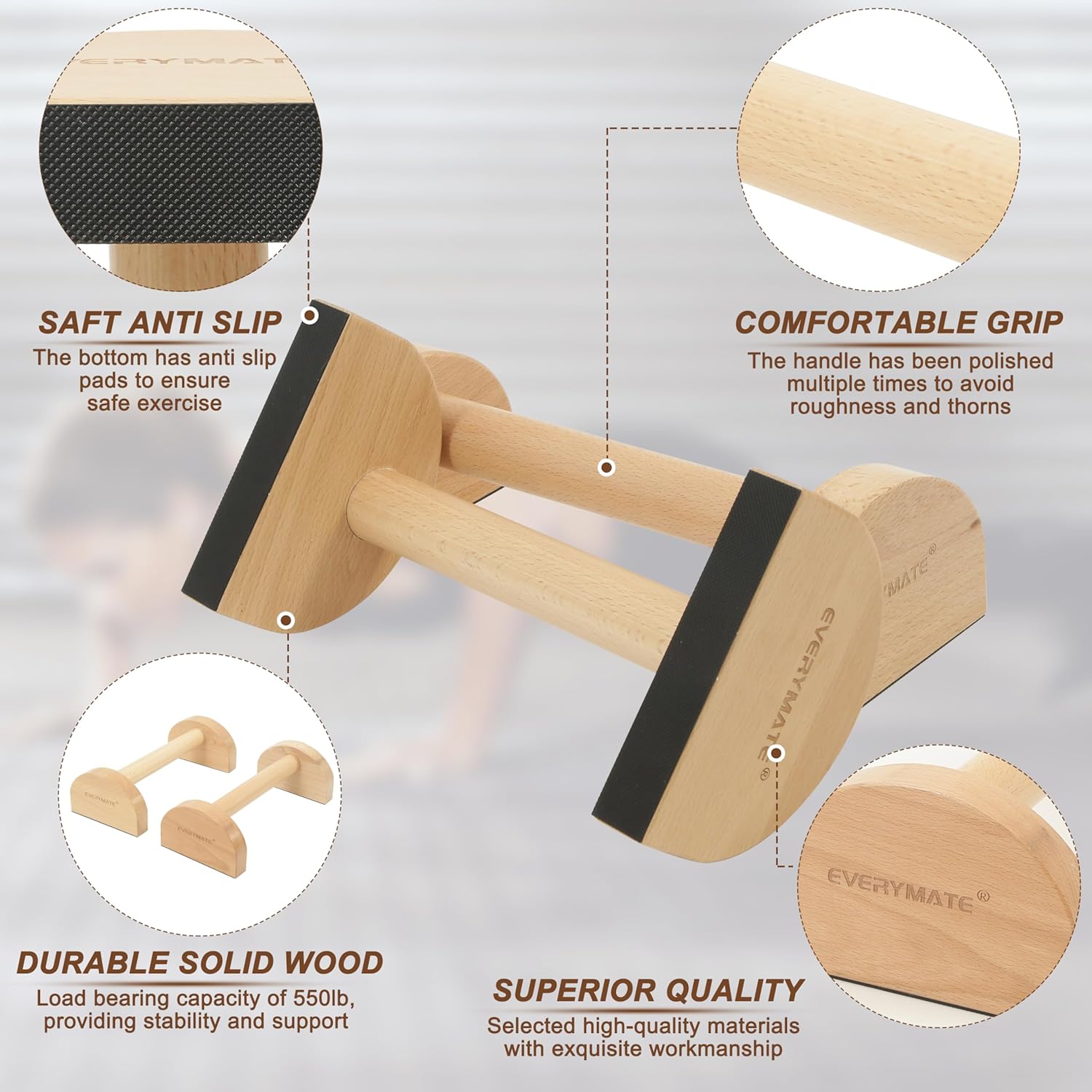 Wooden Parallettes Bars - Non-Slip Push-Up Stand for Handstand Training & Calisthenics (Ergonomic Grip, Home/Commercial Gym)