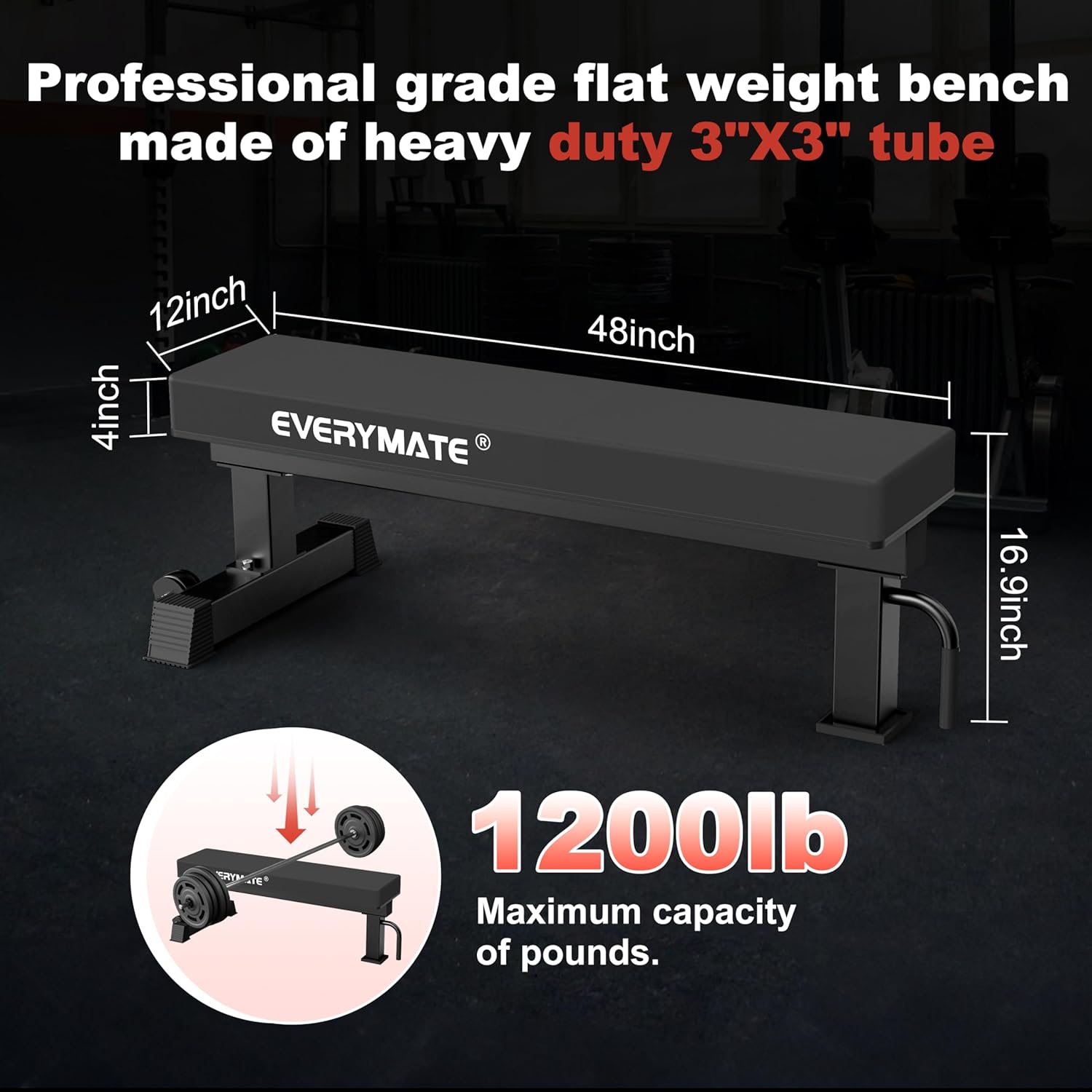 1200LB Flat Weight Bench - 3"x3" Steel Frame with 4" HeftyGrip Pad