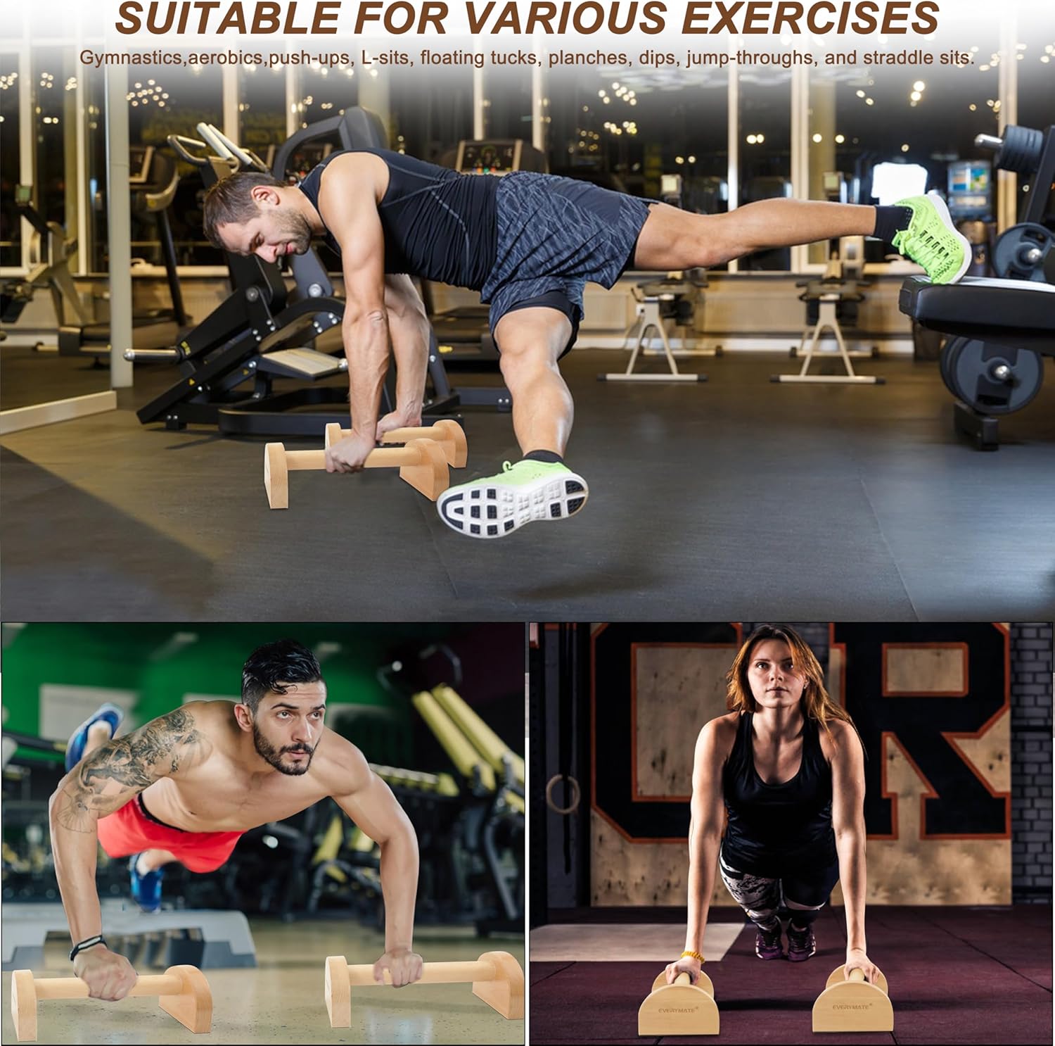 Wooden Parallettes Bars - Non-Slip Push-Up Stand for Handstand Training & Calisthenics (Ergonomic Grip, Home/Commercial Gym)