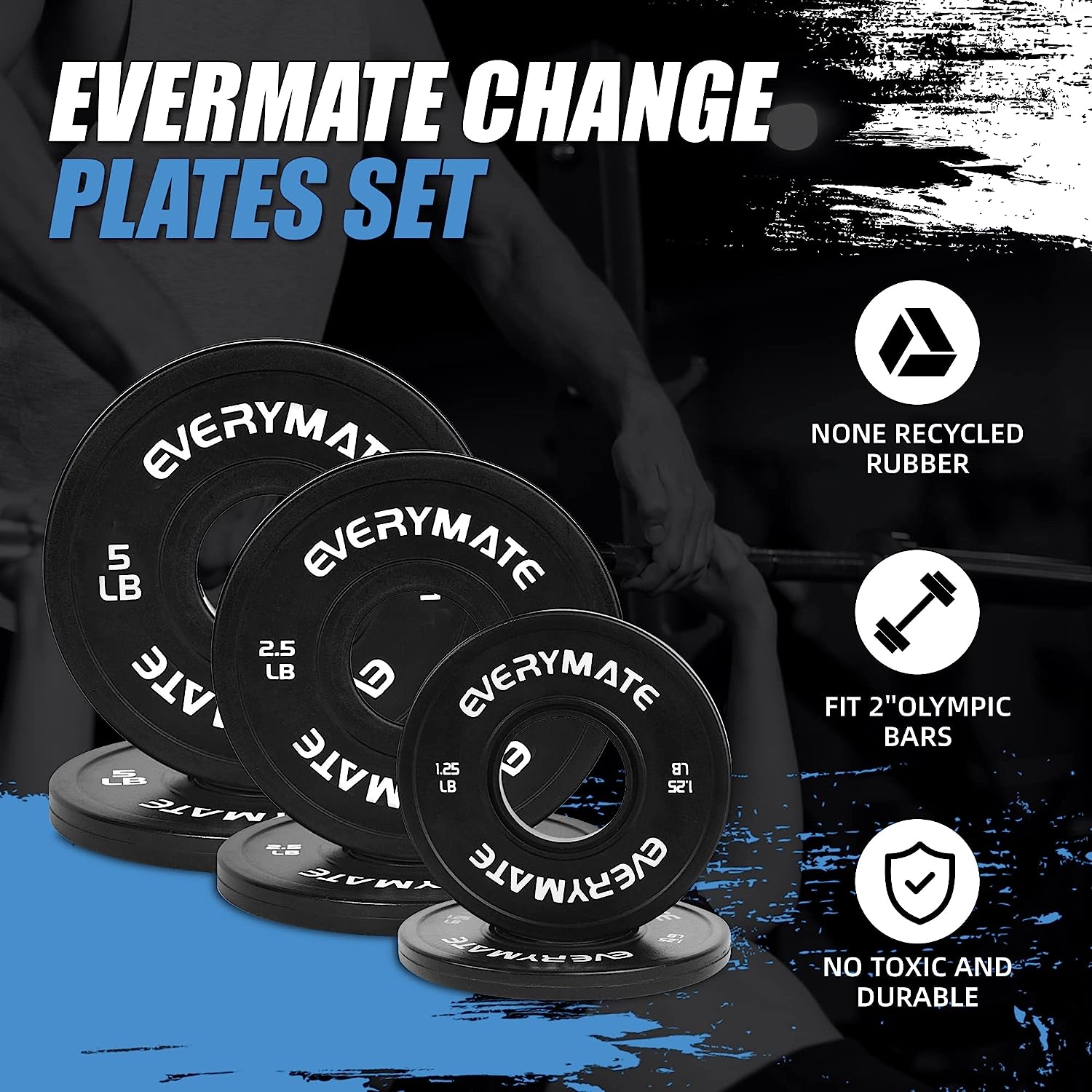 EVERYMATE Black Change Weight Plates 1.25LB 2.5LB 5LB Set Fractional Plate Olympic Bumper Plates for Cross Training Bumper Weight Plates Steel Insert Strength Training Weight Plates