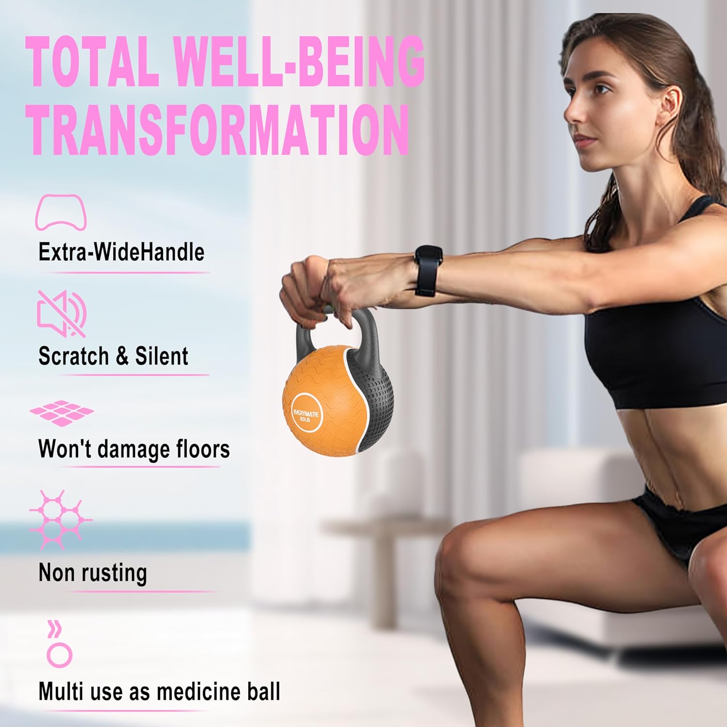 EVERYAMTE Anti Slip Hand Kettlebell Weights for Home Workout Kettlebells Massage Kettlebell, 20LB Rubber Kettlebell