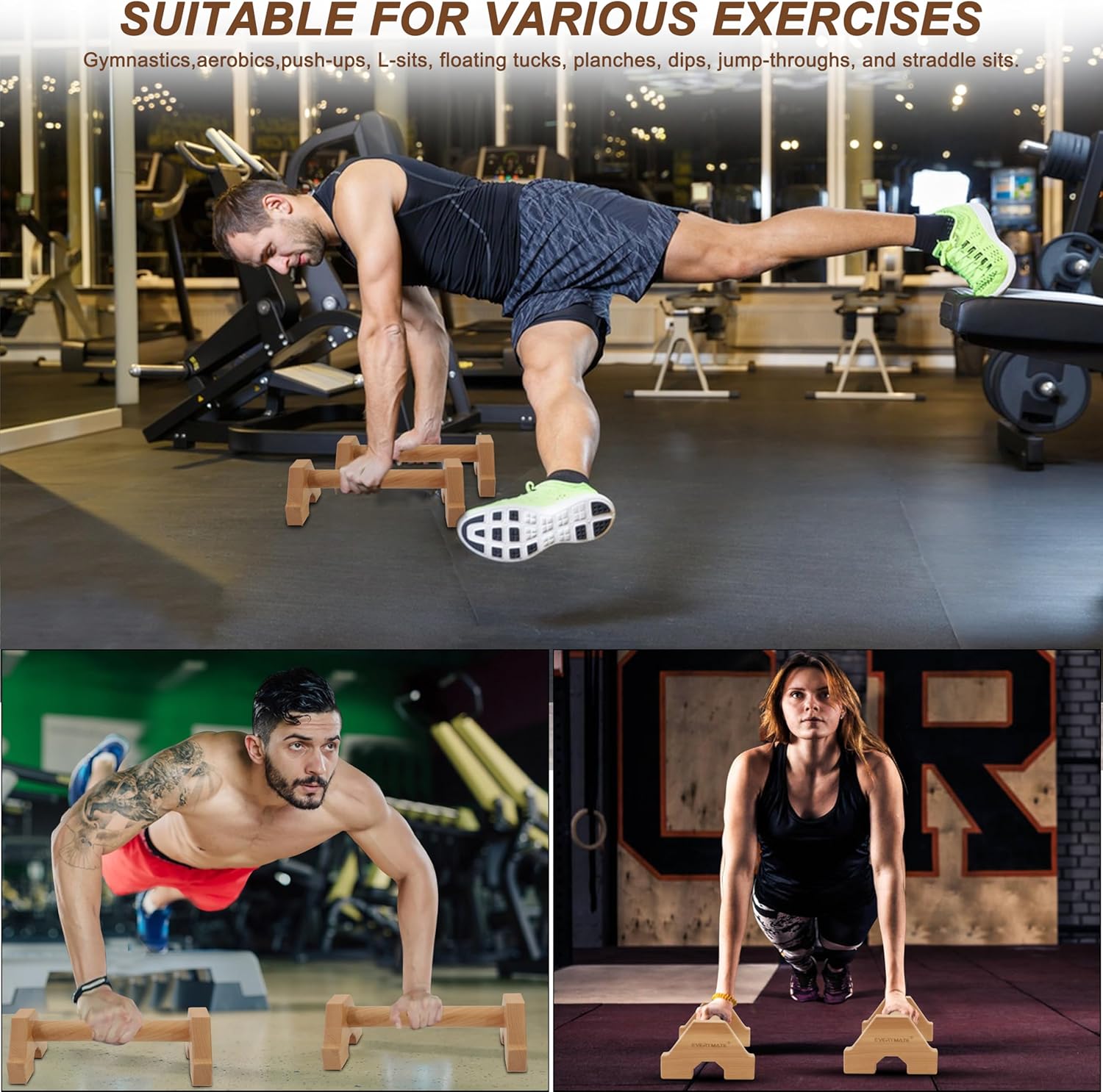 Wooden Parallettes Bars - Non-Slip Push-Up Stand for Handstand Training & Calisthenics (Home/Commercial Gym)