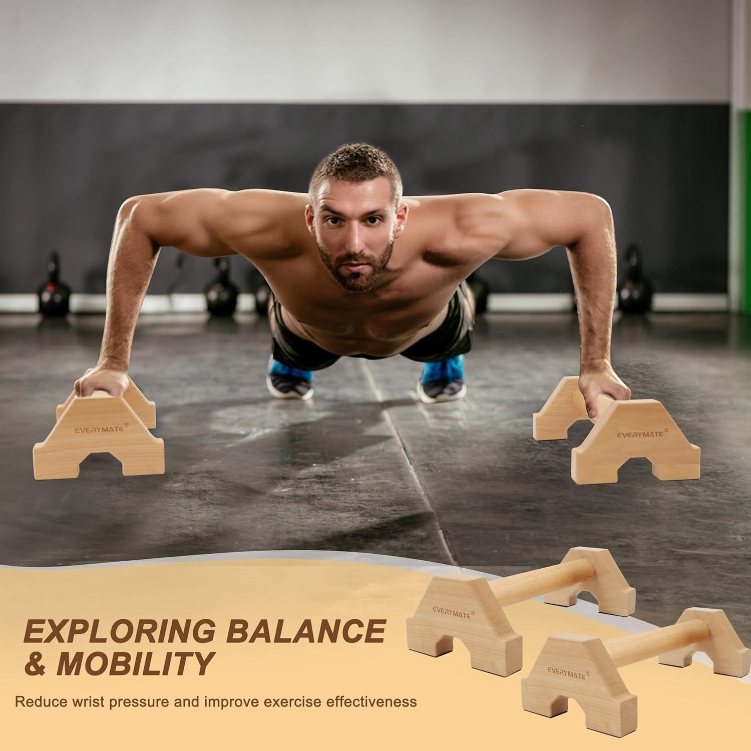 Wooden Parallettes Bars - Non-Slip Push-Up Stand for Handstand Training & Calisthenics (Home/Commercial Gym)
